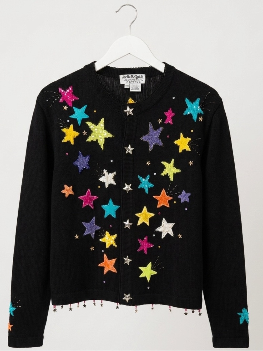 Vintage Jack B. Quick Embellished Star Cardigan Sweater Black Size PM M Retro